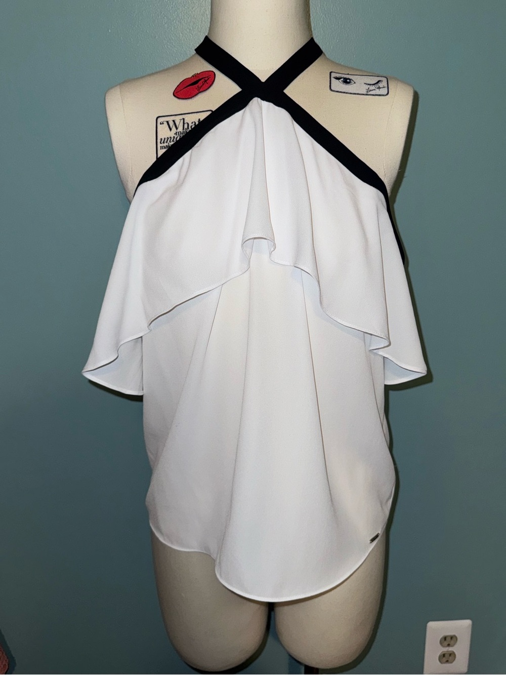 NWT BEBE White Halter Ruffle Top with Black Trim Size Small